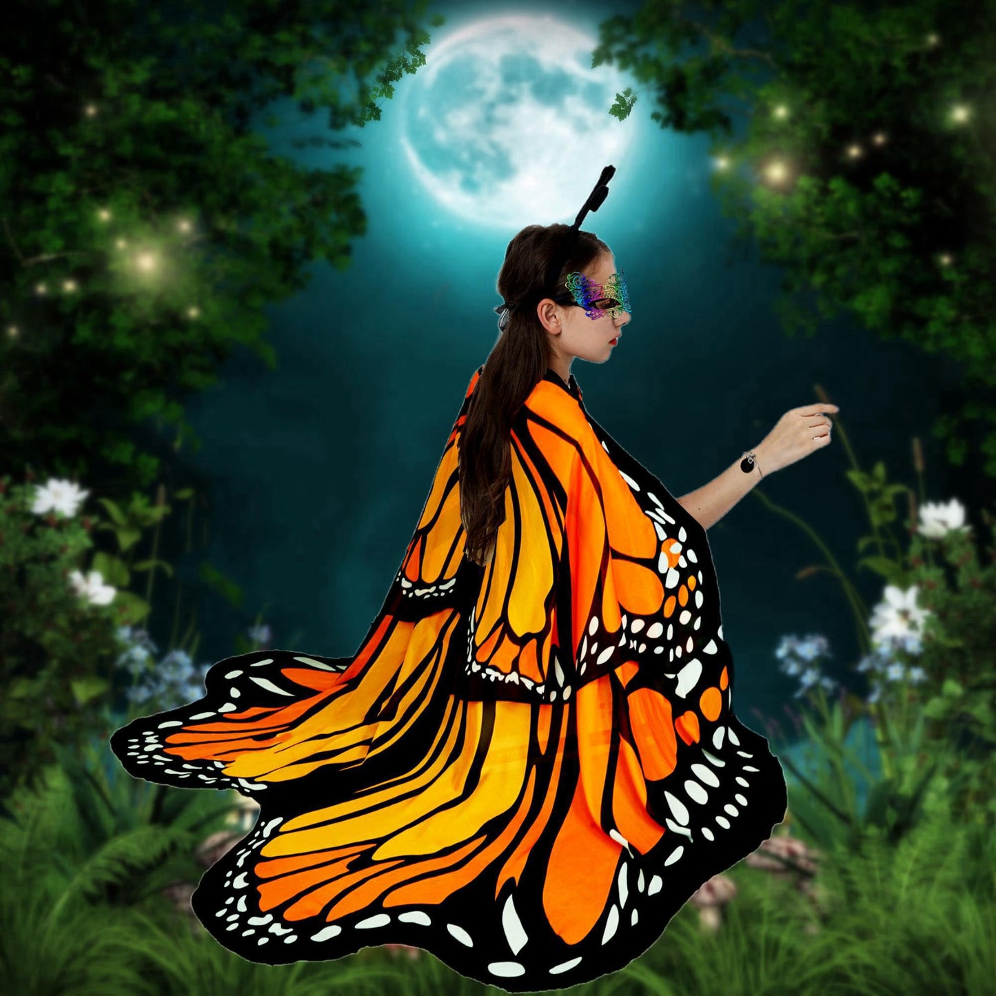 Halloween Costumes for Women Adult Double-Sided Butterfly Costumes Wing Cape Shawl 3Pcs （Orange & Yellow）