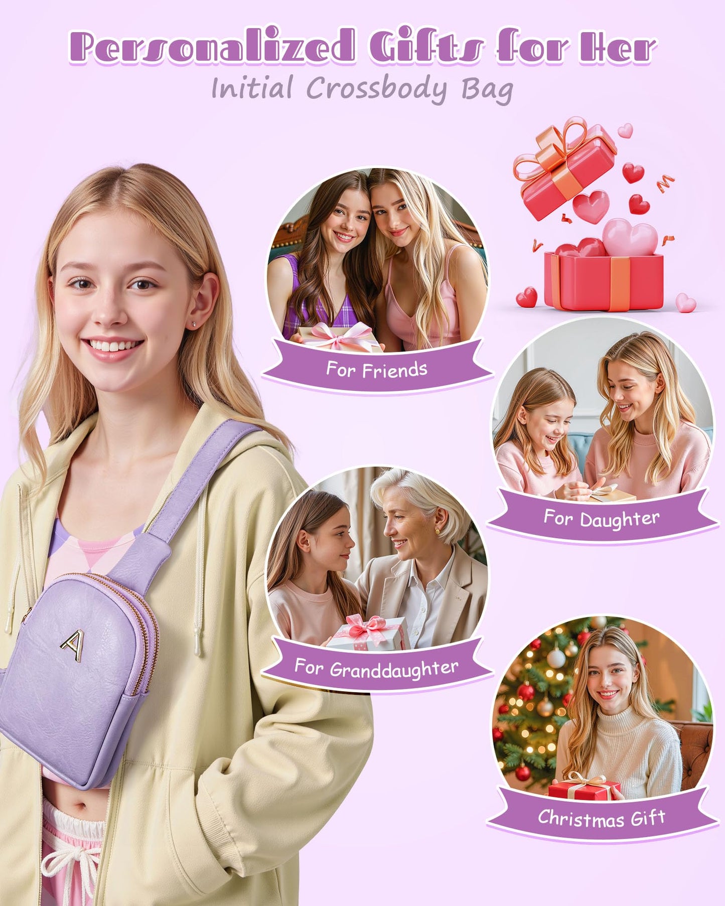 Freesya Personalized Birthday Gift for Teen Girls, Sling Purse with Initial Letter, Lightweight Small Crossbody Bags, Tween Girls Trendy Stuff, Waterproof Cell Phone Purse with Adjustable Strap