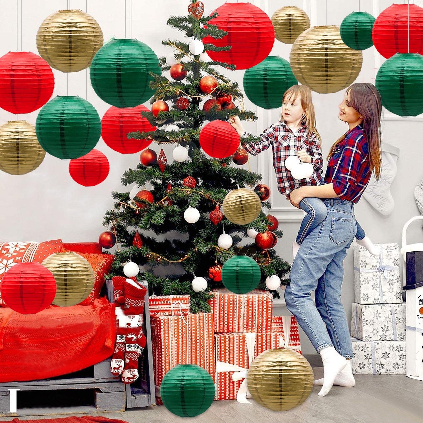 ADLKGG Paper Lanterns Decorative, Round Hanging Lantern for Italian Party Mexico Party Graduation Christmas Anniversary Birthday Decorations Green/Red/Gold 21pcs