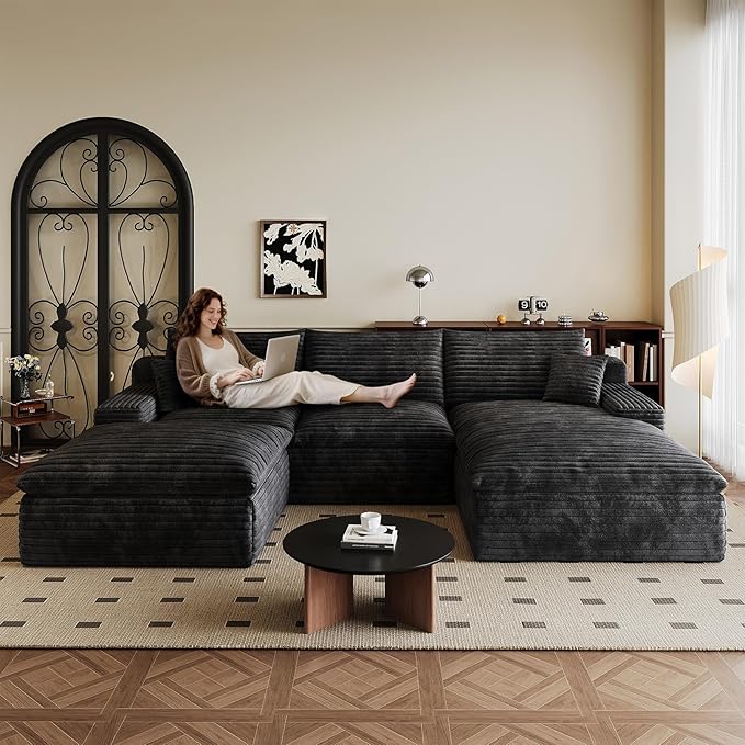 107" Cloud Sectional Couch U-Shaped Chaise with Ottoman, Corduroy Boneless Couch for Living Room Bedroom, Deep-Seat Upholstered Modular Cloud Sofa, No Assembly Required (Black, Right Facing Chaise)
