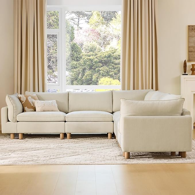 CHITA 118" Super Large Sectional Couches for Living Room, Modular Cloud Couch Sectional Sofa, Premium Fabric Couches, Down Filled, High Density Foam, Chenille in Cream, 5 Seat Corner Couch