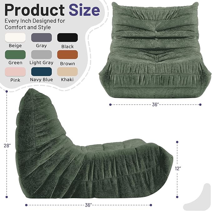 HABUTWAY Bean Bag Chair, Giant Bean Bag Chairs for Adults, Bean Bag Sofa with Filler Faux Fur, Memory Foam Bean Bag Couches Fireside Lazy Sofa for Living Room, Bedroom, Office (Green)