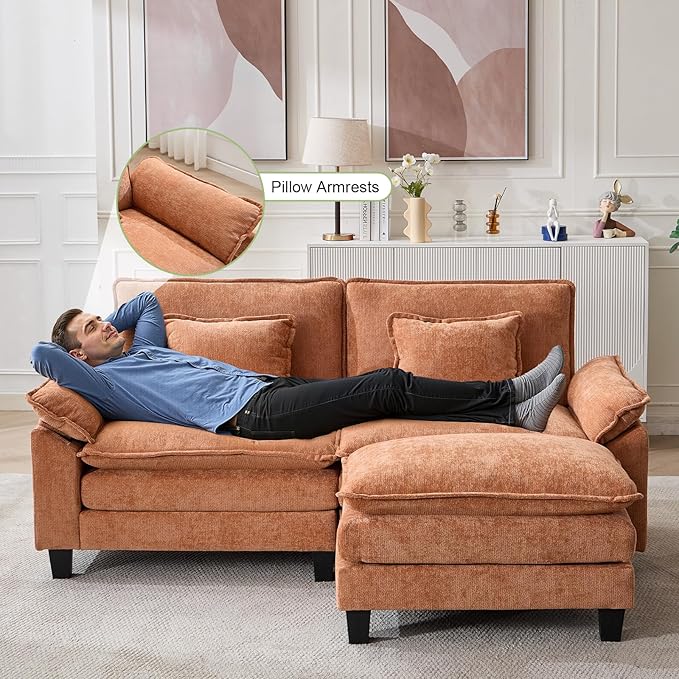 Oprisen 86" Modular Sectional Sofa, Comfy Cloud Couch Sectional Sofa with Ottoman, Chenille Sofa Sleeper Deep Seat Sofa with Throw Pillows for Living Room (Orange, 86"- L Shape)