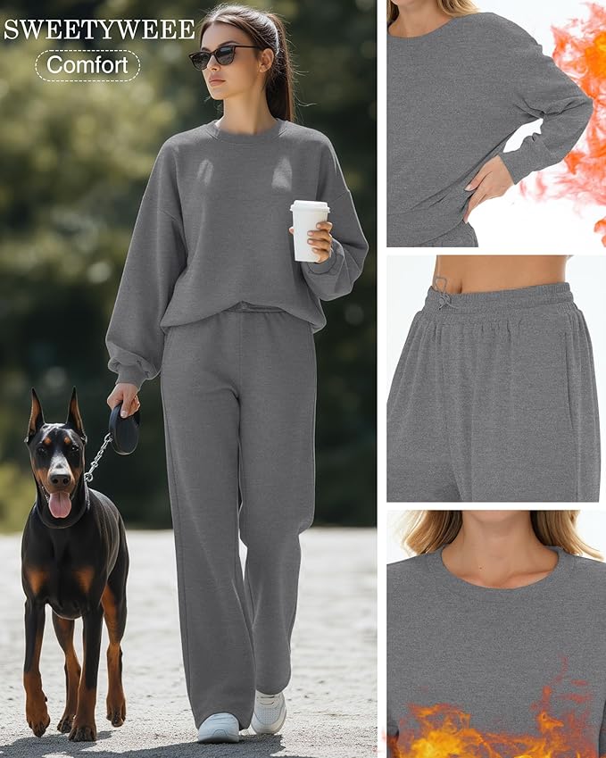 Sweetyweee Women's 2 Piece Outfits Set Fleece Lined Lounge Sweatsuit Crewneck Pullover Top Wide Leg Pants Casual Tracksuit