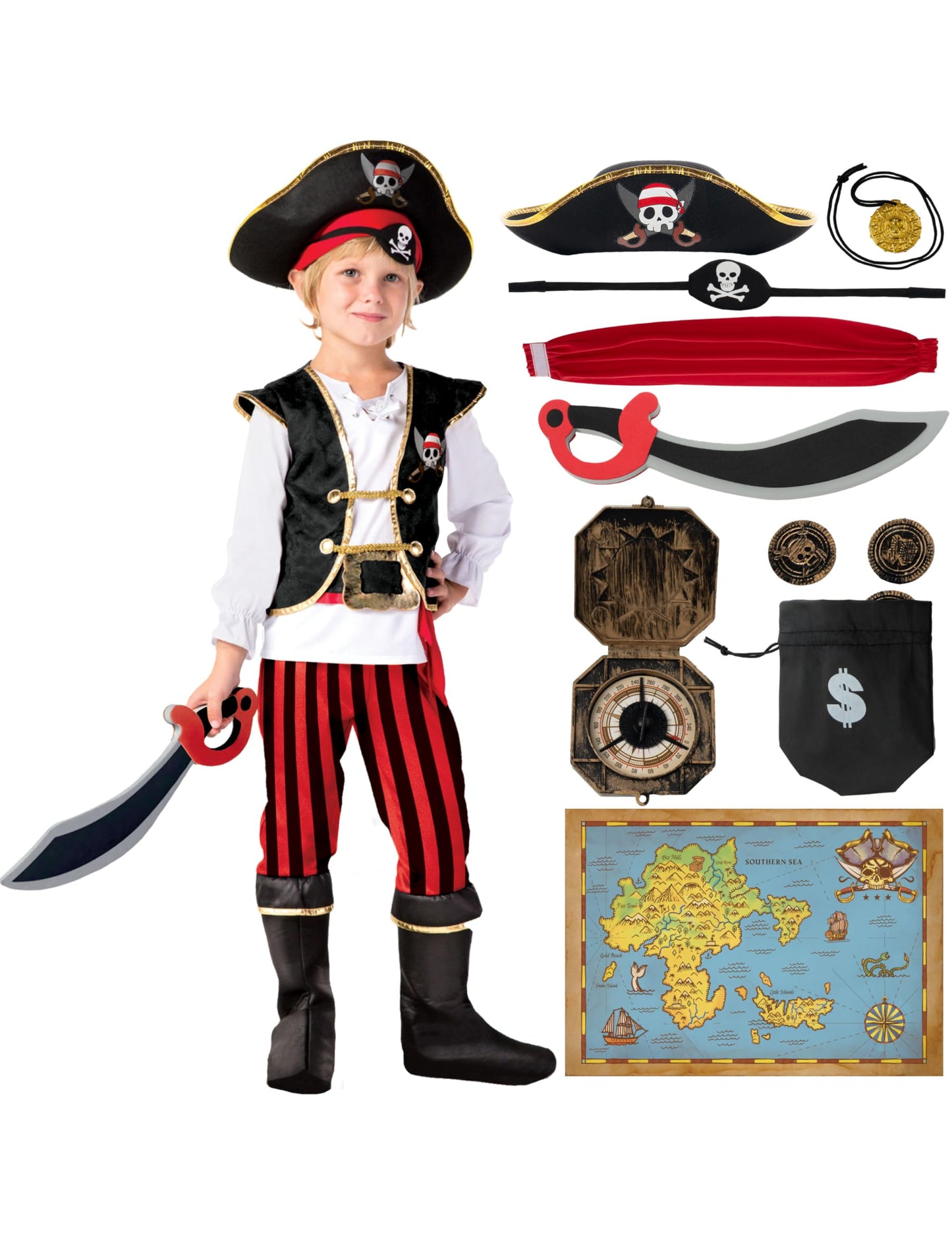 Spooktacular Creations Pirate Costume for Kids, Boys Classic Red Pirate Outfit Deluxe Set with Toy Accessories for Toddler Halloween Pretend Roleplay Themed Party (3T, 3-4 yrs)