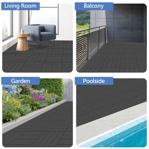 MYFAMIREA 27 Pcs Plastic Interlocking Deck Tiles 12" x 12" Patio Floor Decking Tiles Indoor Outdoor Waterproof Non-Slip Flooring Tile All Weather Use for Balcony Backyard Porch Poolside, Dark Grey
