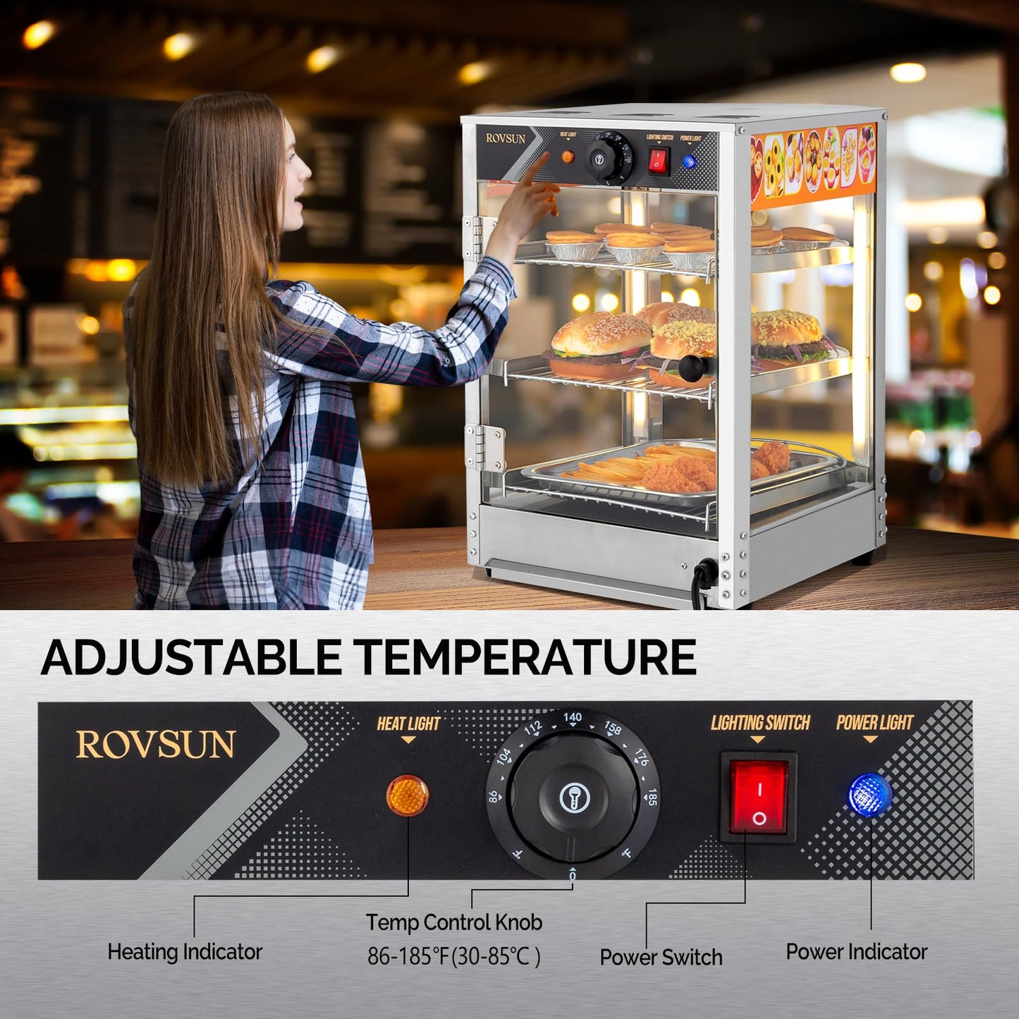 ROVSUN 3-Tier Food Warmer Pizza Warmer Countertop, Commerical Food Warmer Display with LED Lighting Removable Shelves Glass Door, Pretzel Warmer for Buffet Restaurant Cafe, 110V 800W