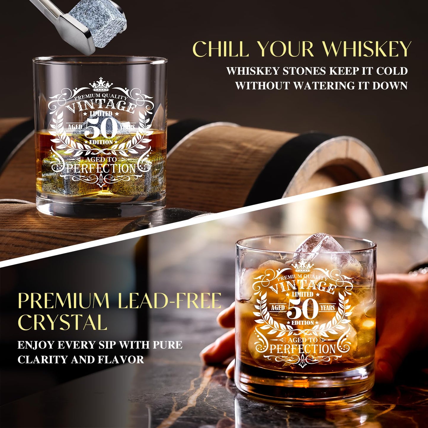 50th Birthday Gifts for Men Whiskey Glass Set, 50th Birthday Party Supplies with 11 Oz Whiskey Glass Coaster Stone Baseball Cap Apron Sock Funny Toliet Paper Keychain for Him, Dad, Husband, Friends