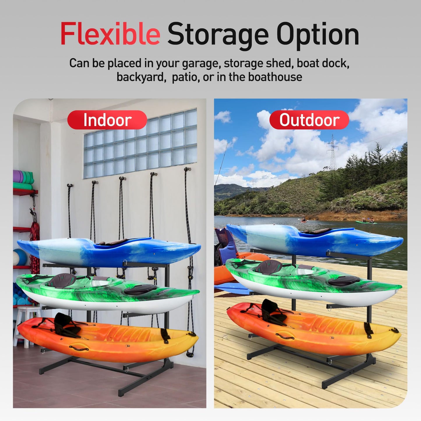 JY PERFORMANCE Kayak Storage Rack, Freestanding Kayak Rack for Outdoor Storage, Heavy Duty 3-Tier Kayak Rack for Kayaks, Canoe, SUPs, Paddleboard, Indoor Outdoor Garage Dock Shed