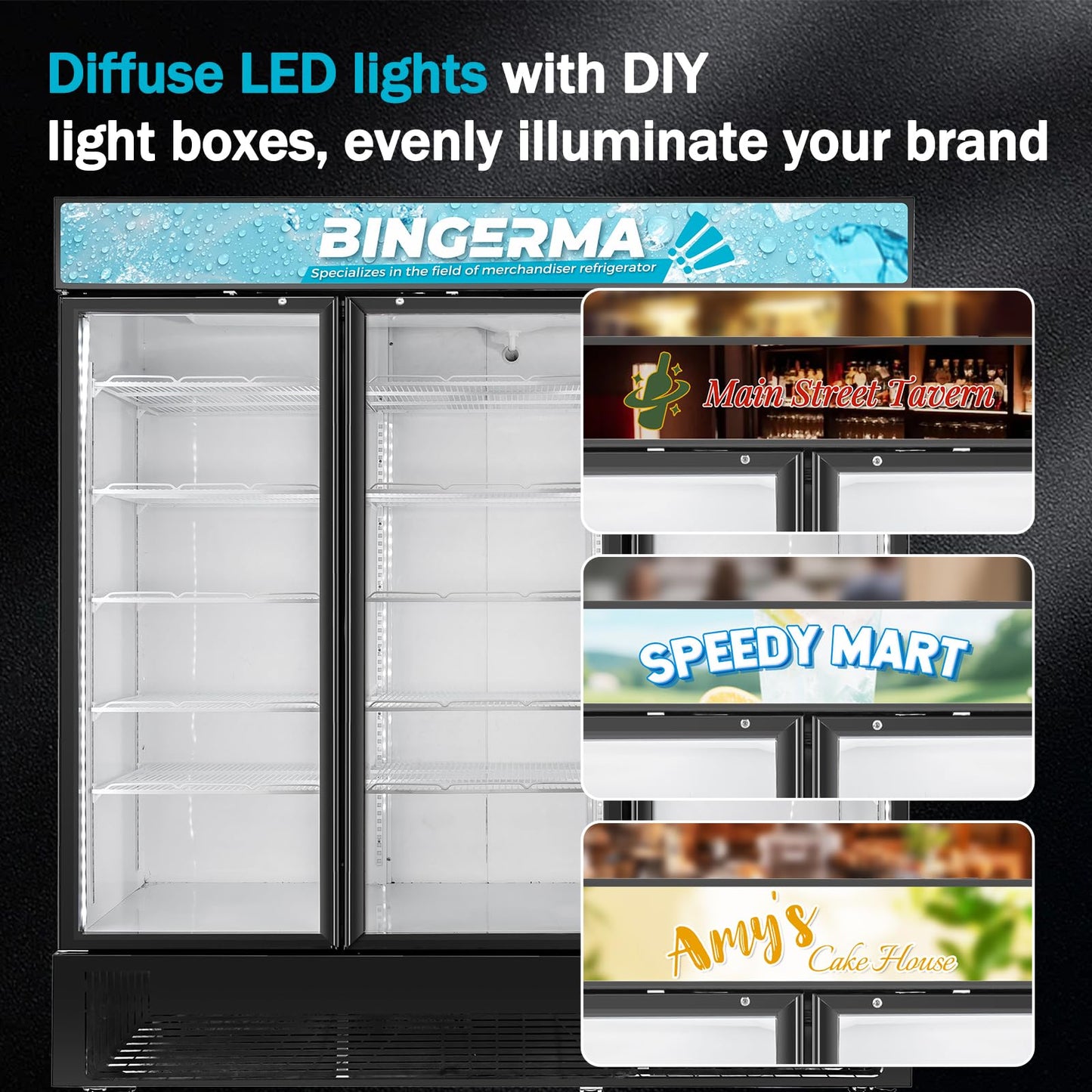BINGERMA Commercial Beverage Refrigerator with 3 Glass Doors 56 Cu.ft Display Merchandiser Cooler Bar Black Drink Fridge for Convenience Stores, Supermarkets,Bars,Offices