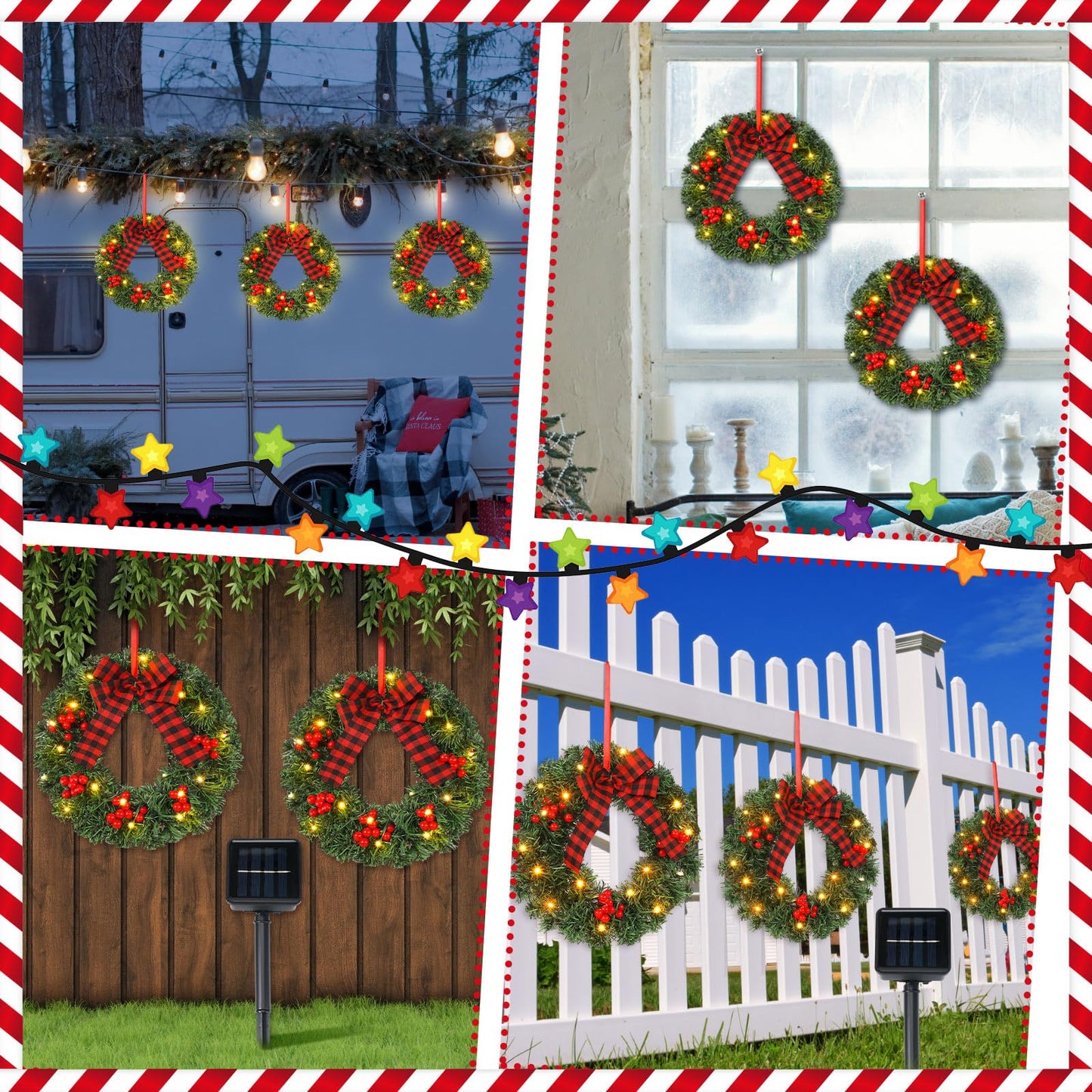 Cinnvoice Christmas Wreath Set of 3 Artificial Wreath Fence Wreath with Solar Lighted String Berry and Pine Needles Christmas Outdoor Decoration for Xmas Winter Decor Yard Stairs