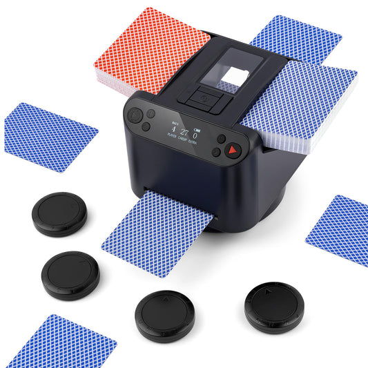 Automatic Card Shuffler and Dealer 2-in-1 with Extra Gift 100PCS Poker Set and Casino Felt - Support 12 Players, 4 Drawing Remotes, Built-in Gameplays, 360°/180° Deal, 2 Decks for Poker, UNO, Phase 10