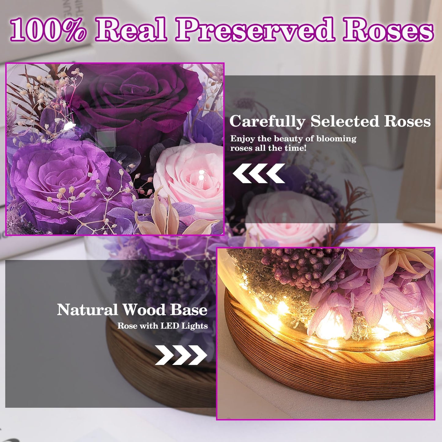 FIACO Gifts for Mom Women Birthday Preserved Flowers in Glass Dome Forever Fresh Flowers for Delivery Prime Long-Lasting Eternal Roses Gifts for Grandma Sister Daughter Wife Her Girlfriend Purple