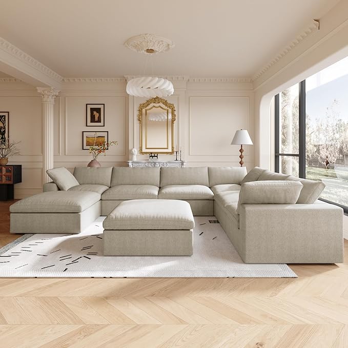 Cloud Modular Sectional Sofa,Down Filled Comfort Oversized Living Room Sets for Living Room,Large 8 Seater Minimalist Wide Deep Seat Convertible Couches,Sofa Cover Washable & Removable (Khaki)