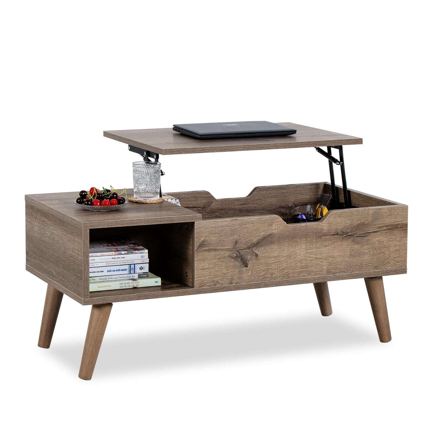 VICTORY RELAX Lift-Top Coffee Table with Hidden Storage and 2 Open Cubbies, Coffee Table with Storage for Living Room, Center Table for Living Room, Designed for Workspace and Relaxation (Grey)