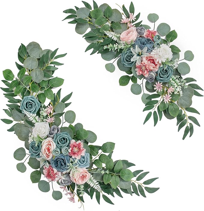 Wedding Arch Flowers, Artificial Floral Decor for Wedding Ceremony & Reception, Standard Size Large Flower Swag Set for Backdrop & Welcome Sign, Pack of 2 (Pink & Blue)