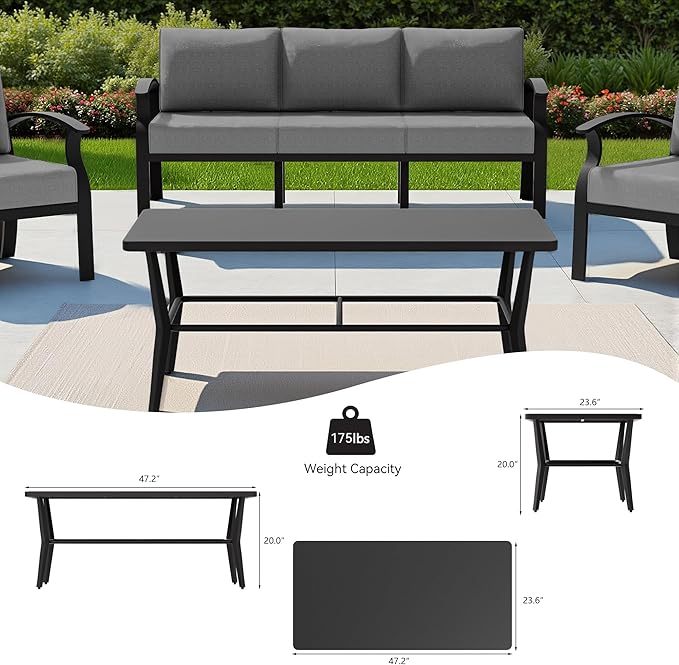 RTDTD Aluminum Outdoor Patio Furniture Set,5 Seats Patio Conversation Sets with Rectangular Coffee Table,Metal Patio Sectional Furniture Set with 5.1" Thickened Cushions,Grey