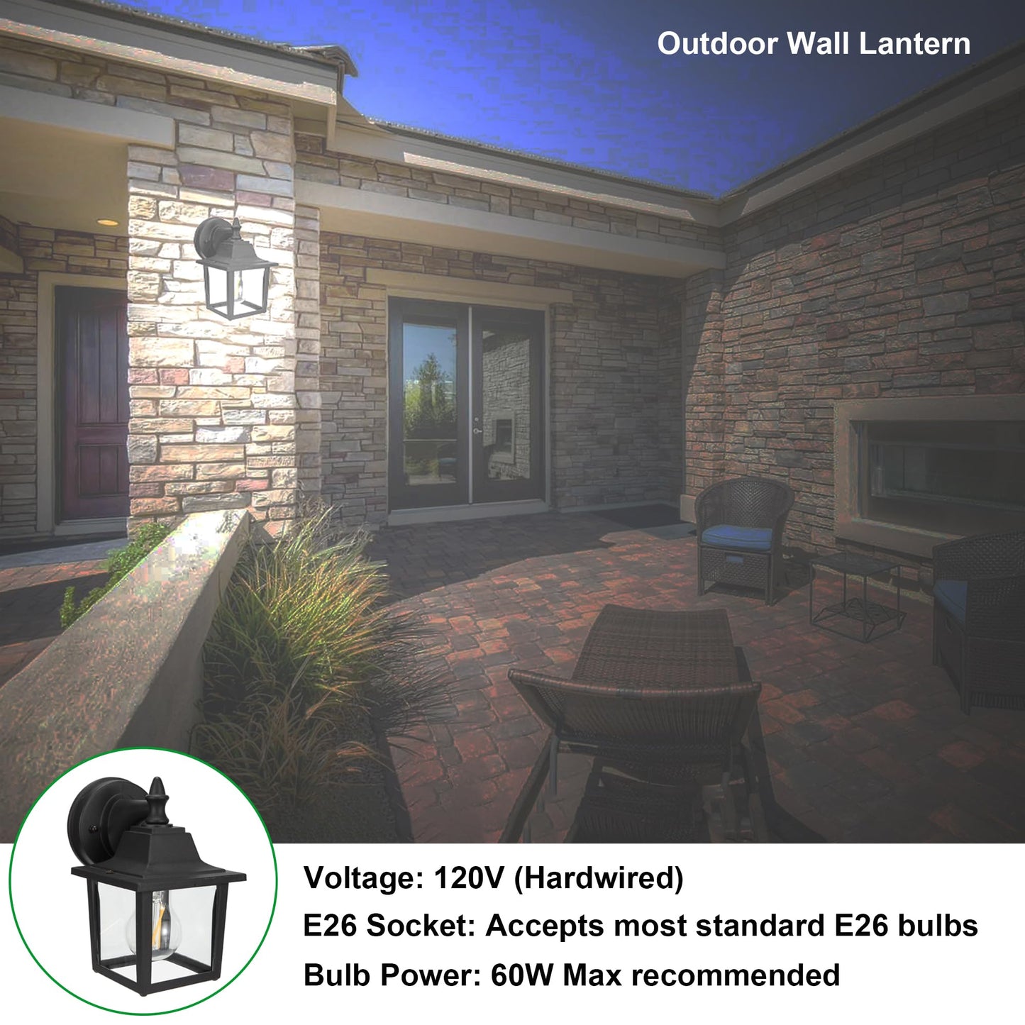 LIT-PaTH Outdoor Wall Lantern, Wall Sconce as Porch Lighting Fixture, E26 Medium Base 60W Max., Aluminum Housing Plus Glass, Bulbs NOT Included, Matte Black Finish, 1-Pack