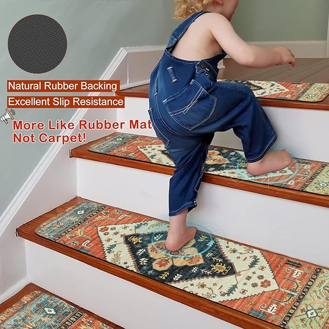 OJIA Non-Slip Stair Treads for Wooden Steps 7PCS, 30"X8" Rubber Carpet Stair Treads Indoor Stair Runner Slip Resistant Stair Rugs Safety Mats for Dogs, Kids & Elders, Stairway Grip Step Treads