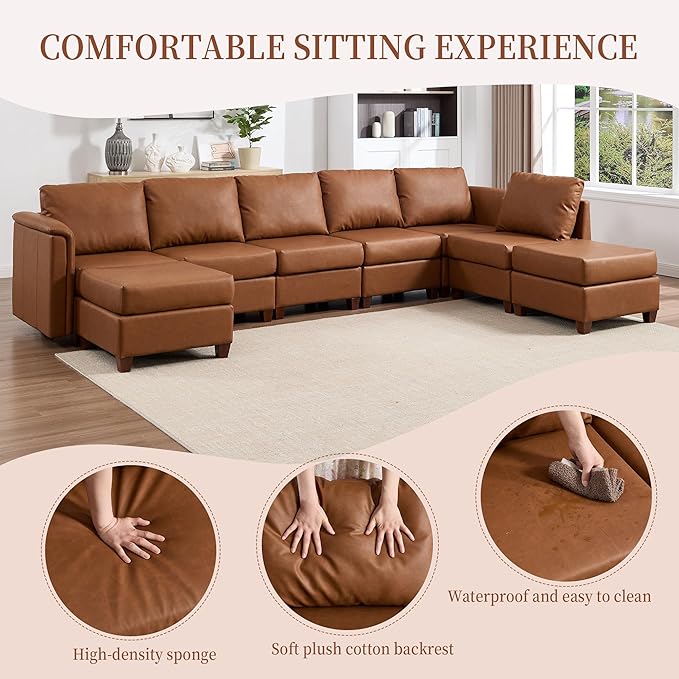 Modular Sectional Sofa,Modern U Shaped Sectional Couches for Living Room,8 Seat PU Leather Deep Seat Sectional Cloud Couch with Storage,Brown