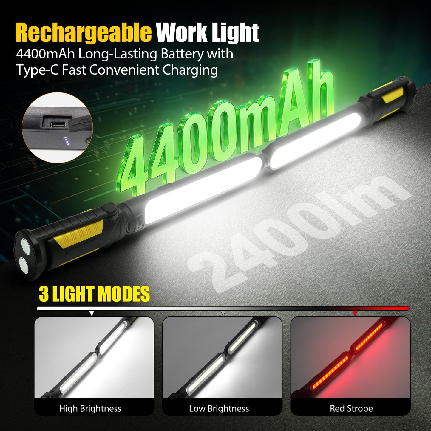 SYLSTAR Work Light for Mechanic, 2400LM LED, 4400mAh Rechargeable, Magnetic, Underhood Work Light with Hooks for Car Repairing, Job site, Garage, Workshop, Emergency(Yellow)