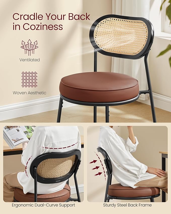 VASAGLE Dining Chairs, Set of 2 Accent Chair for Dining Room Kitchen, with Boho PE Rattan Back, Synthetic Leather Upholstery, Coffee Brown ULDC160K02