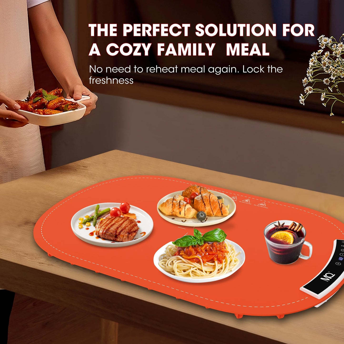 MQ Food Warming Mat, Electric Warming Tray with 7 Temp & 1-6H Timer to Keep Food Warm at Party, 5s Fast Heating Silicone Surface, Rollable & Portable Heating Pad for Food at Buffet and Family, Orange