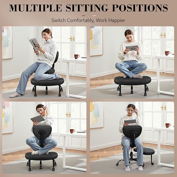 Ergonomic Cross Legged Office Chair with Wheels - Adjustable Height for Meditation, ADHD Desk & Yoga - Wide Criss Cross Design with Lumbar Support, Kneeling Chair - Jet Black