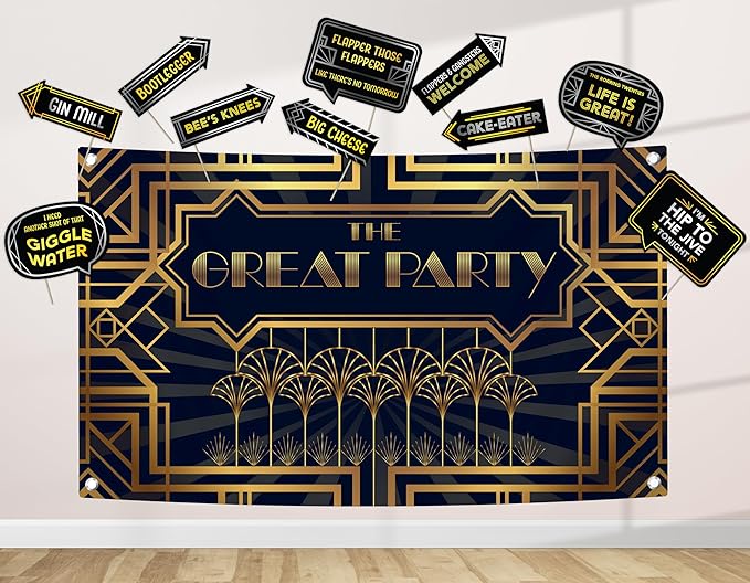 Roaring 20s Great Gatsby Decoration Kit - Includes Photography Backdrop & 10 Studio Selfie Photo Booth Props with Sticks -...