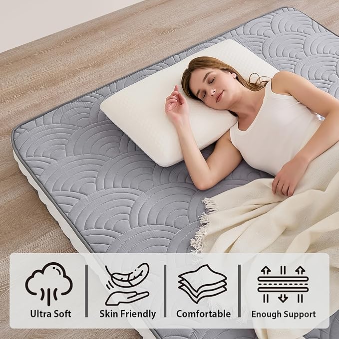 Zelladorra Japanese Floor Mattress, Quilted Futon Mattress with Anti-Slip Bottom, Foldable Floor Bed with Storage Bag and Straps, (Light Grey, Twin)