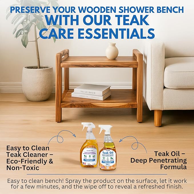 EcoDecors Eleganto 24 Inch Natural Color Waterproof Teak Wood Shower Bench Stool Seat Chair For Inside Shower Provides Safety, Storage, and Organization For Bathroom Accessories