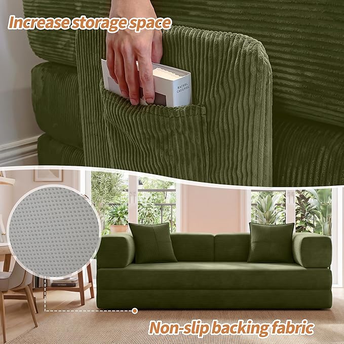 Fancyfire 78.8" Convertible Sofa Bed with Armrest Pillow,4-in-1 Sleeper Couch Bed for Livingroom,Modular Corduroy Boneless couches,No Assembly (Green)