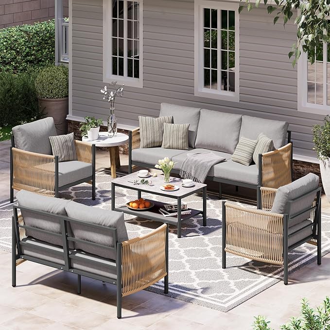 Aluminum Outdoor Patio Furniture Set with Dual-Layer Coffee Table, 5 Piece Modern Patio Conversation Sets with PE Rope, Outdoor Sectional Sofa with Thick Cushions for Balcony, Deck, Gray
