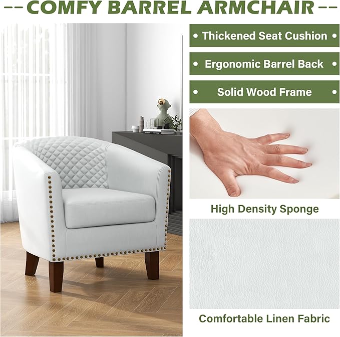 UIXE Faux Leather Barrel Accent Chairs Set of 4, Modern Club Upholstered Arm Chair, Comfy Armchair Nailed Trim Living Room Single Sofa Reading Seat Bedroom Side Sitting for Office, White