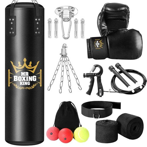 THE LOFT 7 DESIGN Mr Boxing King Punching Bag Set for Adults 4ft Heavy Boxing Bag Set 80 Lb Capacity, Unfilled Training Bag for Home Gym Set Kickboxing MMA Karate Martial Arts