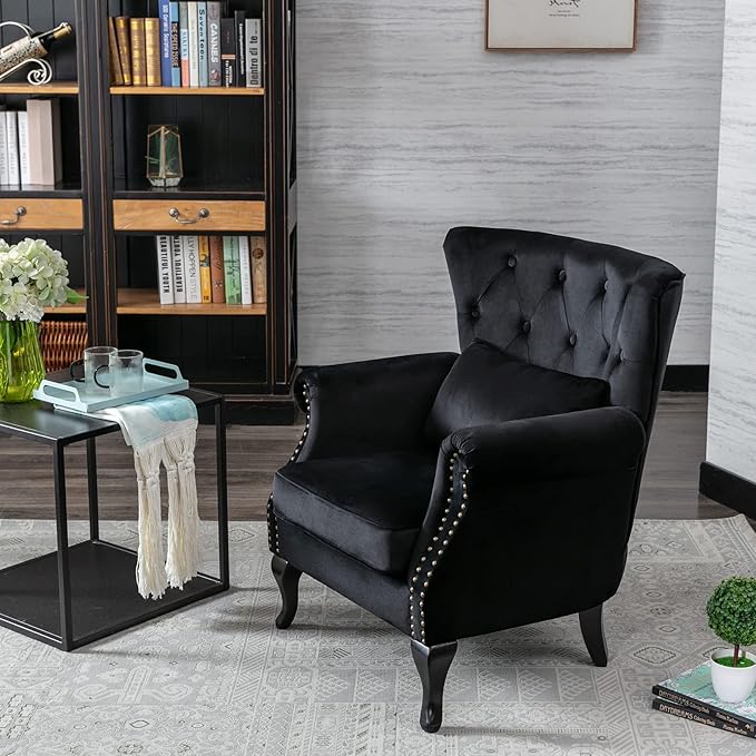 chairus Mid-Century Modern Accent Chair Comfy Tufted Single Sofa Chair Wingback Armchair with Pillow for Club, Living Room, Bedroom - Velvet, Black