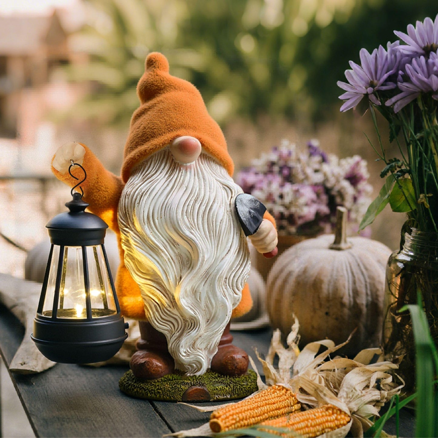 TERESA'S COLLECTIONS Fall Decor, Fall Gnome Decor, Autumn Garden Gnomes Holding Lantern with Solar Lights,Waterproof Resin Fall Decor Outdoor, Fall Gifts Outdoor/Indoor,8"