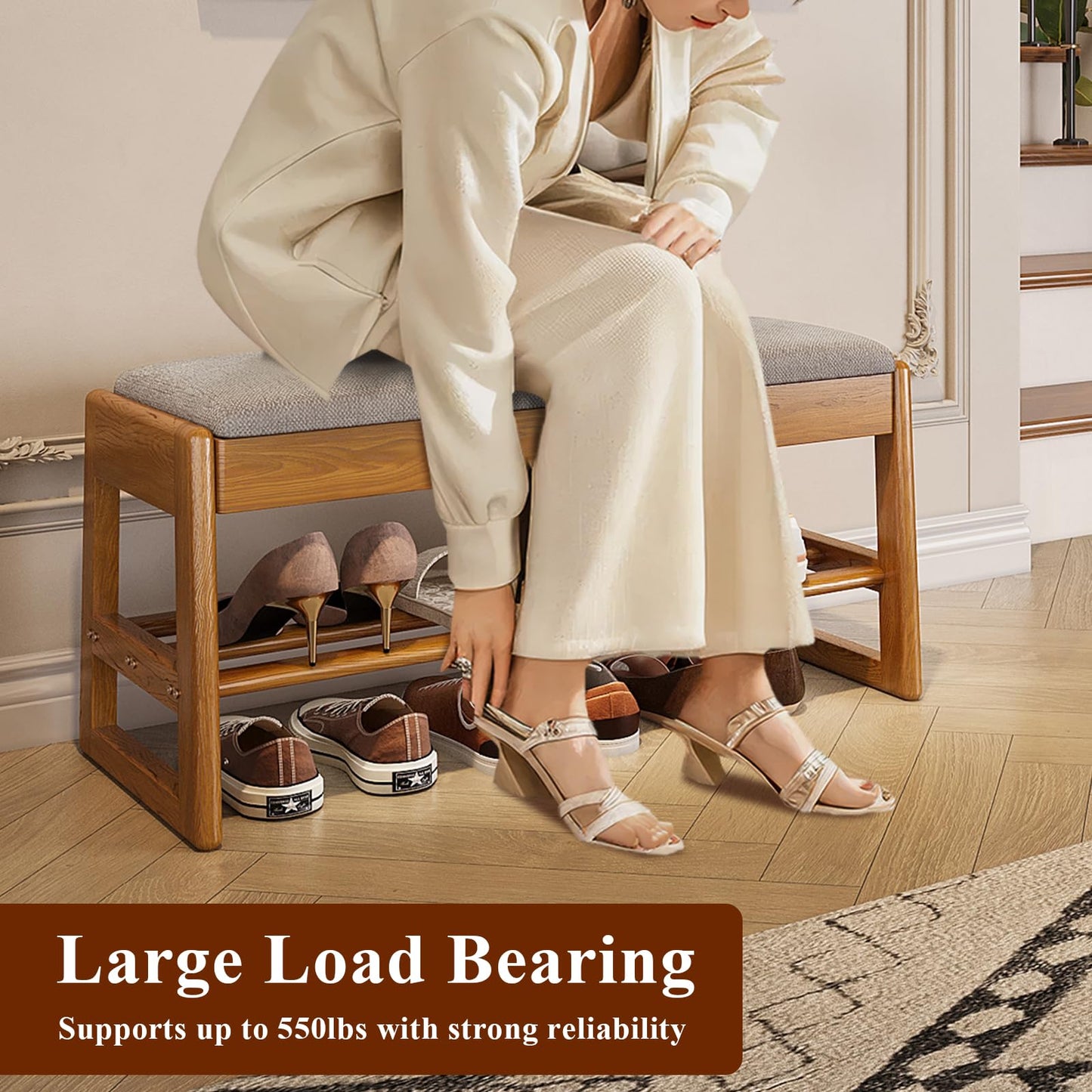 IUNVR Shoe Rack Bench with Cotton-Linen Cushion 2-Tier Wooden Storage Bench 550lbs Compact Simple & Modern Design for Entryway, Hallway, Bedroom, Living Room, Closet, Front Door Entrance, Foyer