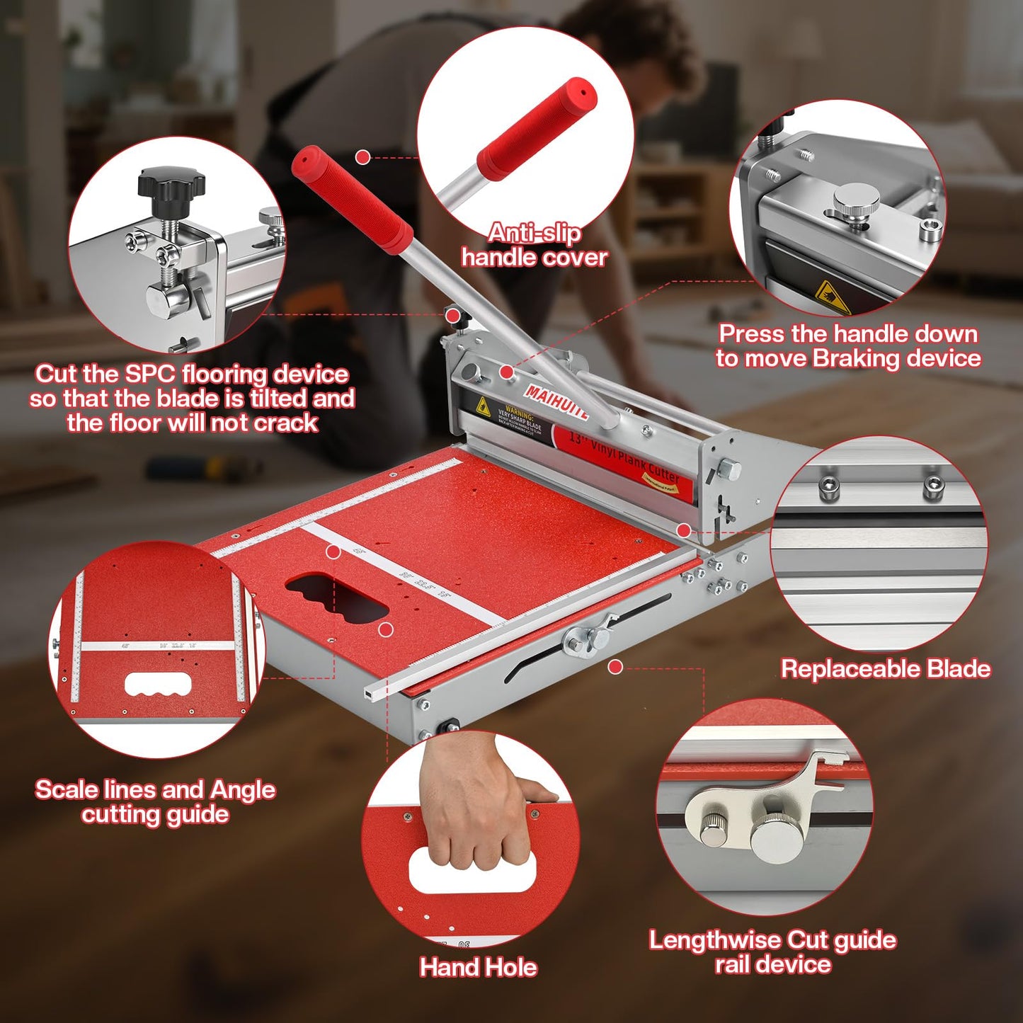 MAIHUITE 10mm Thick Floor Cutter - 13" Pro Vinyl Floor Cutter for LVP, LVT, WPC, SPC, PVC, VCT, Rigid Core Vinyl Flooring - Honing Stone Included - Manual Operation, No Electricity, No Noise