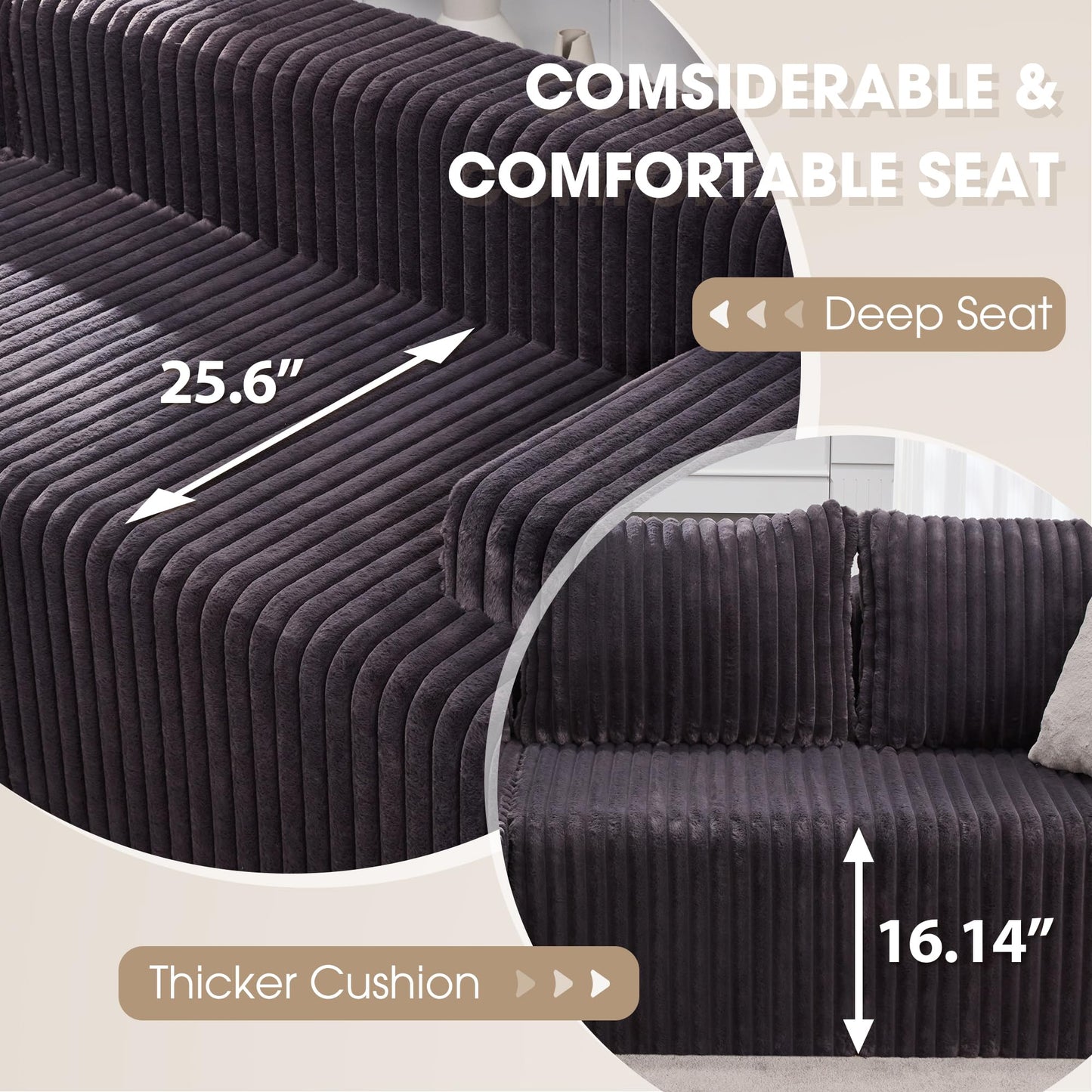 Modular Sectional Sofa Couches L-Shape Couch 3 Seat Modular Sofa Memory Foam Sectional Couches for Living Room, Cloud Couch with Oversized Chaise (Grey, Stripe (Right Facing Chaise))