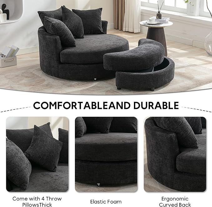 Yoglad Oversized Round Swivel Accent Chair - Modern 360 Degree Barrel Chairs with Storage Ottoman, for Living Room, Bedroom(Chenille- Gray)