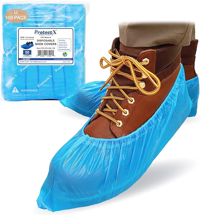 ProtectX Disposable Shoe & Boot Covers, 100-pack (50 pairs), Waterproof, Slip Resistant, Boot & Shoe Covers, Durable CPE plastic, Fits up to Men’s 10.5 US Size and Women’s 12 US Size Shoes
