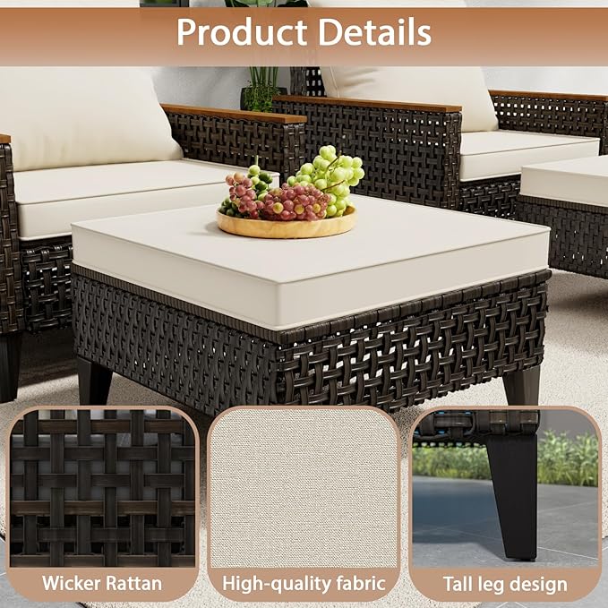 Xmkmvk 15 Piece Patio Sectional Sofa Set with 50000 BTU Fire Pit Table, All-Weather Wicker Rattan Outdoor Conversation Set, High Back, for Garden, Porch, Poolside, Beige
