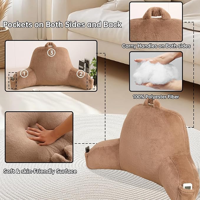PAJEO Reading Pillow for Sitting in Bed, Large Backrest Reading Pillow with Arm Rest,Back-Rest Support Cushion for Sit Up on Couch, Sofa, and Floor, Dorm Essentials (Khaki Faux Fur, Large(19"))