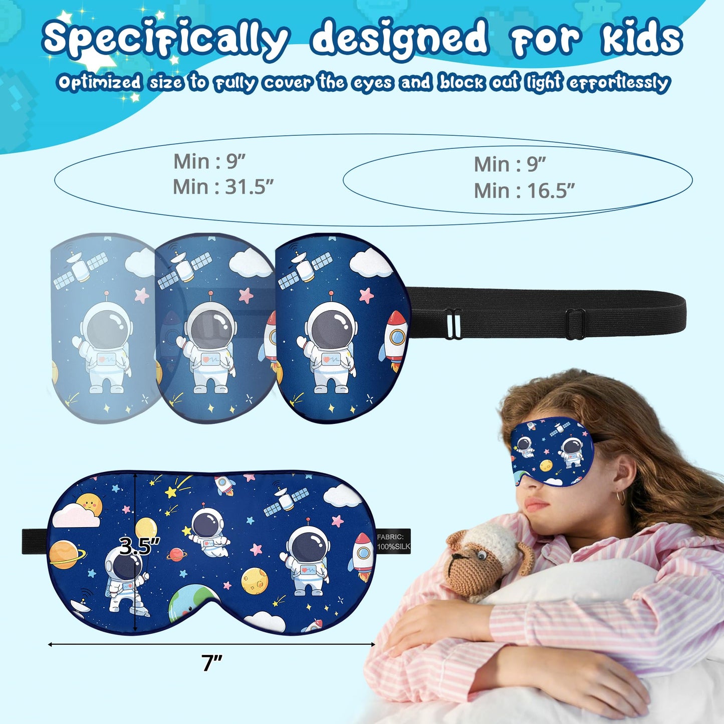 Kids Sleep Mask Eye Cover: 100% Real Natural Pure Silk Eye Mask with Adjustable Strap, Funny Blindfold Kids Eye Mask for Sleeping, Soft & Lightweight Eye Shade for Boys Girls Teens (Space Style)