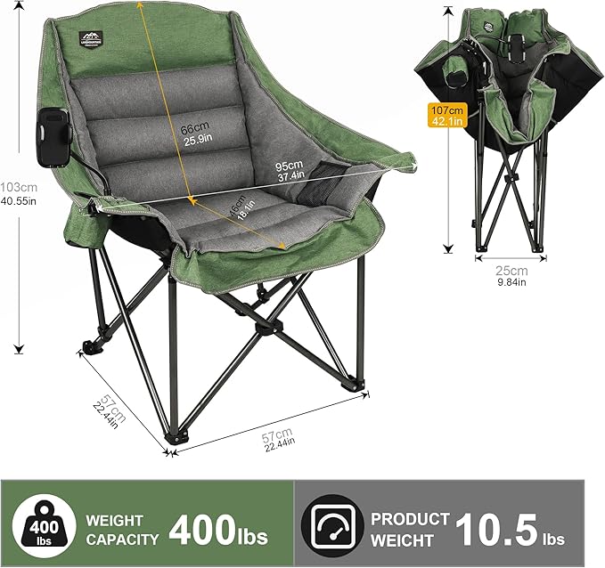 LANMOUNTAIN Oversized XL Folding Camping Chair,Heavy Duty Support 400Lbs,Large Comfy Padded Camp Chair for Adults,Lawn Arm Chair w/Cup Holder,Phone Holder,Carry Bag Perfect for Outdoor (Green)