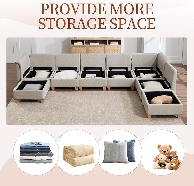 Modular Sectional Sofa,Modern Sectional U Shaped Couches for Living Room,8 Seat PU Leather Deep Seat Sectional Cloud Couch with Storage,Beige