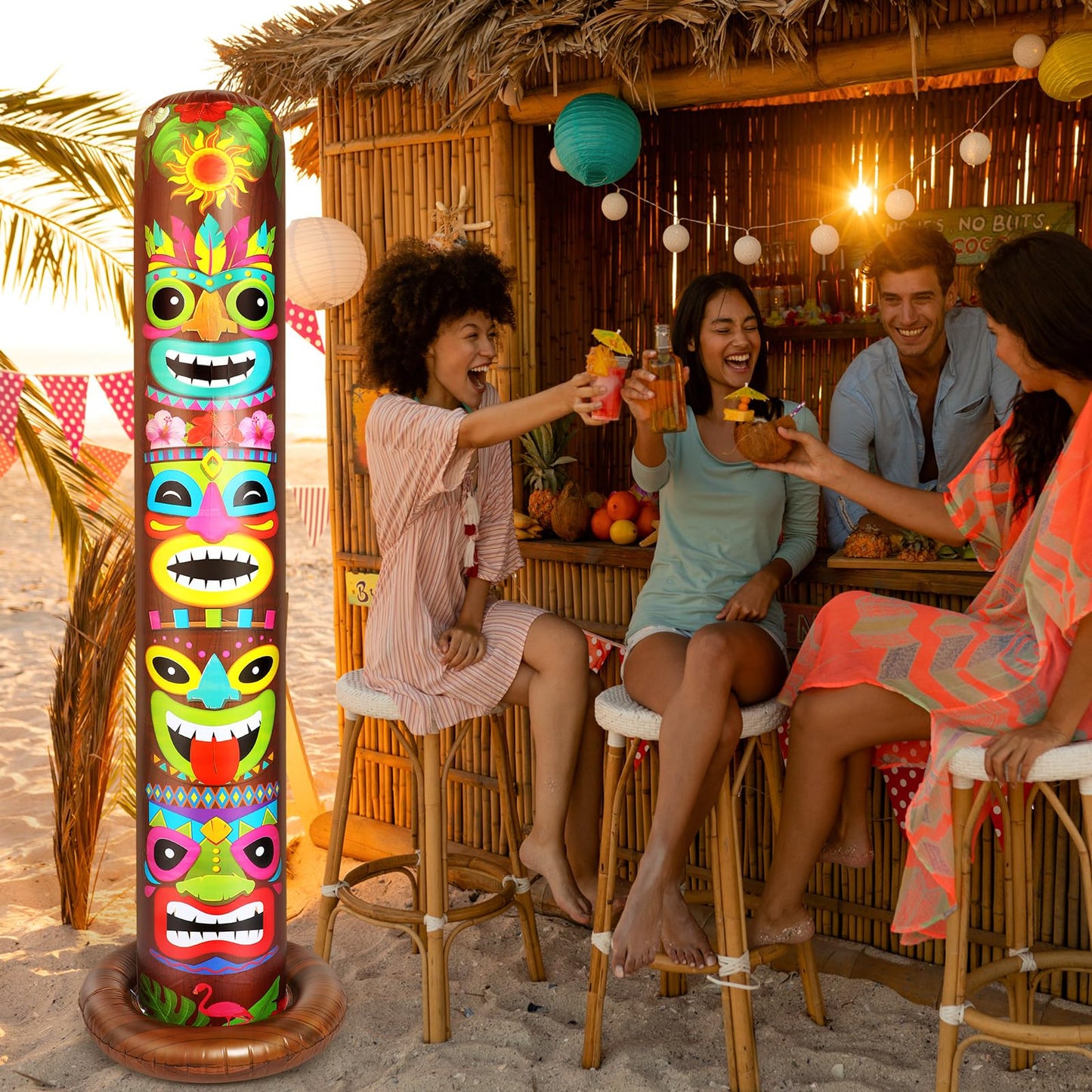 Leyndo 2 Pack 6 ft Inflatable Tiki Luau Party Decorations Hawaiian Luau Tropical Inflatables Tiki Decorations Blow up Party Beach Supplies for Hawaiian Parties Bar Summer Pool Outdoor Yard Decor