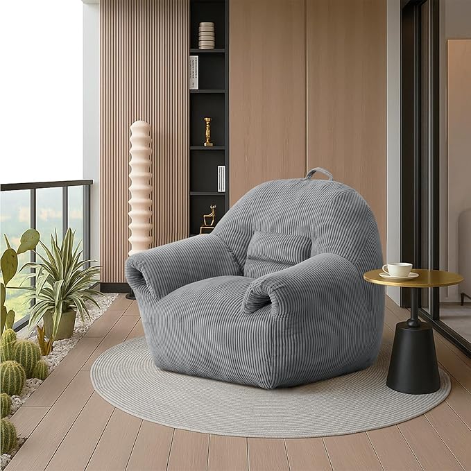 Peace nest Bean Bag Chair with Memory Foam Filled Ultra Soft Corduroy Cover for Adults Comfy Fur Bean Bag Chairs with Armrests for Bedroom Living Room Office Dorm Reading Grey
