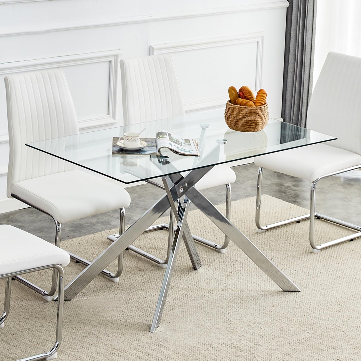 KUVADAZ 51" Rectangle Dining Table for 4 5 6 People, Modern Dining Table with Silver Chrome Metal X-Shaped Legs, Large Glass Kitchen Table Family Dinner Table for Home Office Living Room